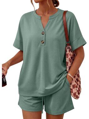 Women's Sage Green 2 Piece Lounge Sets Oversized Henley Top & Shorts Soft Rayon